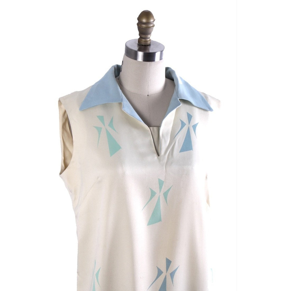 VTG Tummey Hand Block Printed 1970s Dress Shift Hippie womens M Blue The Best Vintage Clothing