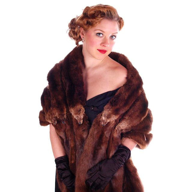 VTG 1950s Ranch Mink Fur Stole Wrap 14 Skin Dark Brown Hollywood Glam Provenance Women's The Best Vintage Clothing