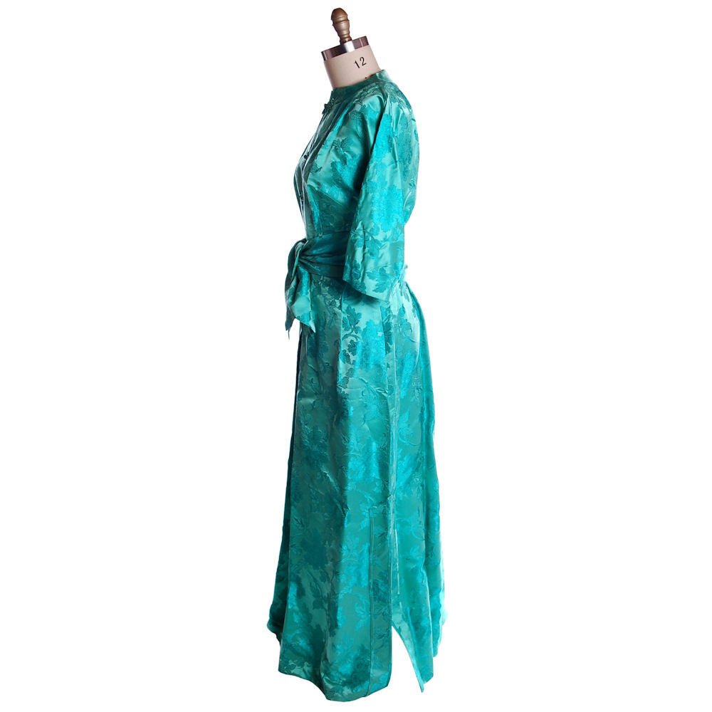 Vintage Deep Turquoise Dynasty Silk Damask Lounge Robe 1960S 42-31-46 Cart2cart The Best Vintage Clothing