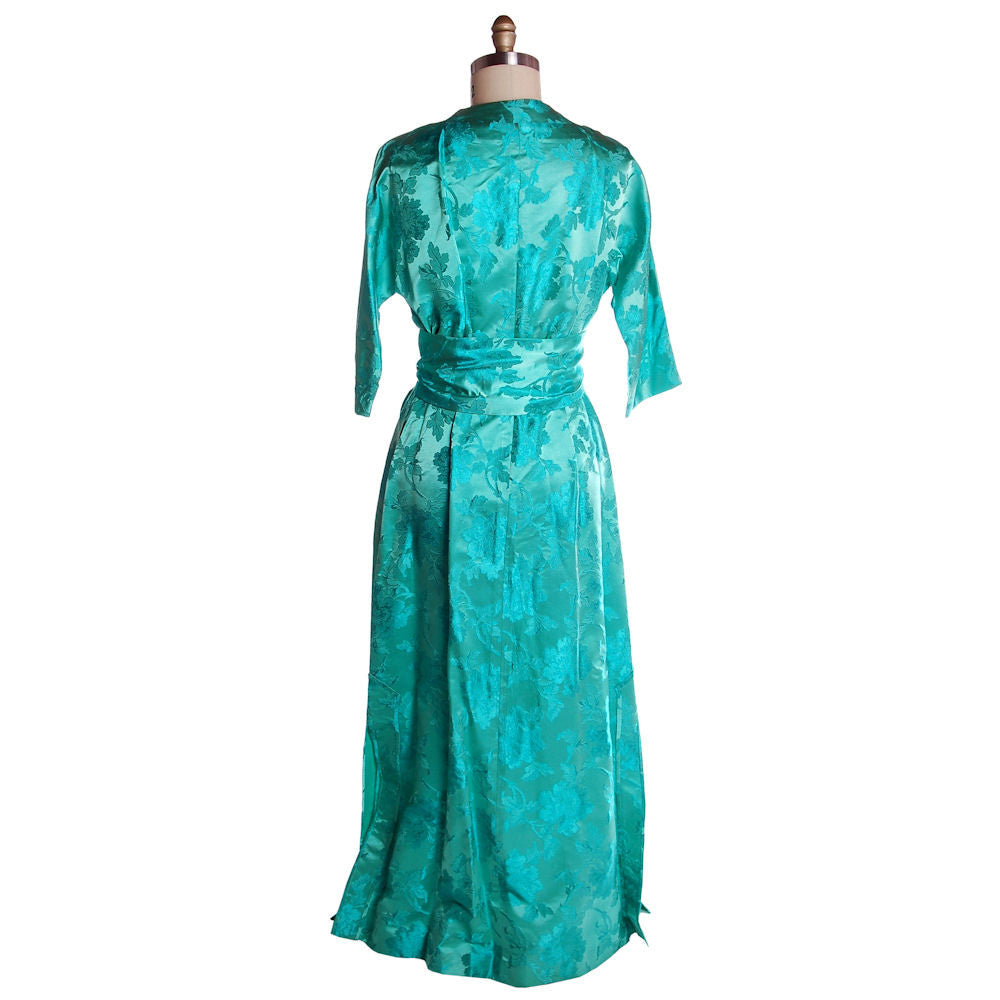 Vintage Deep Turquoise Dynasty Silk Damask Lounge Robe 1960S 42-31-46 Cart2cart The Best Vintage Clothing