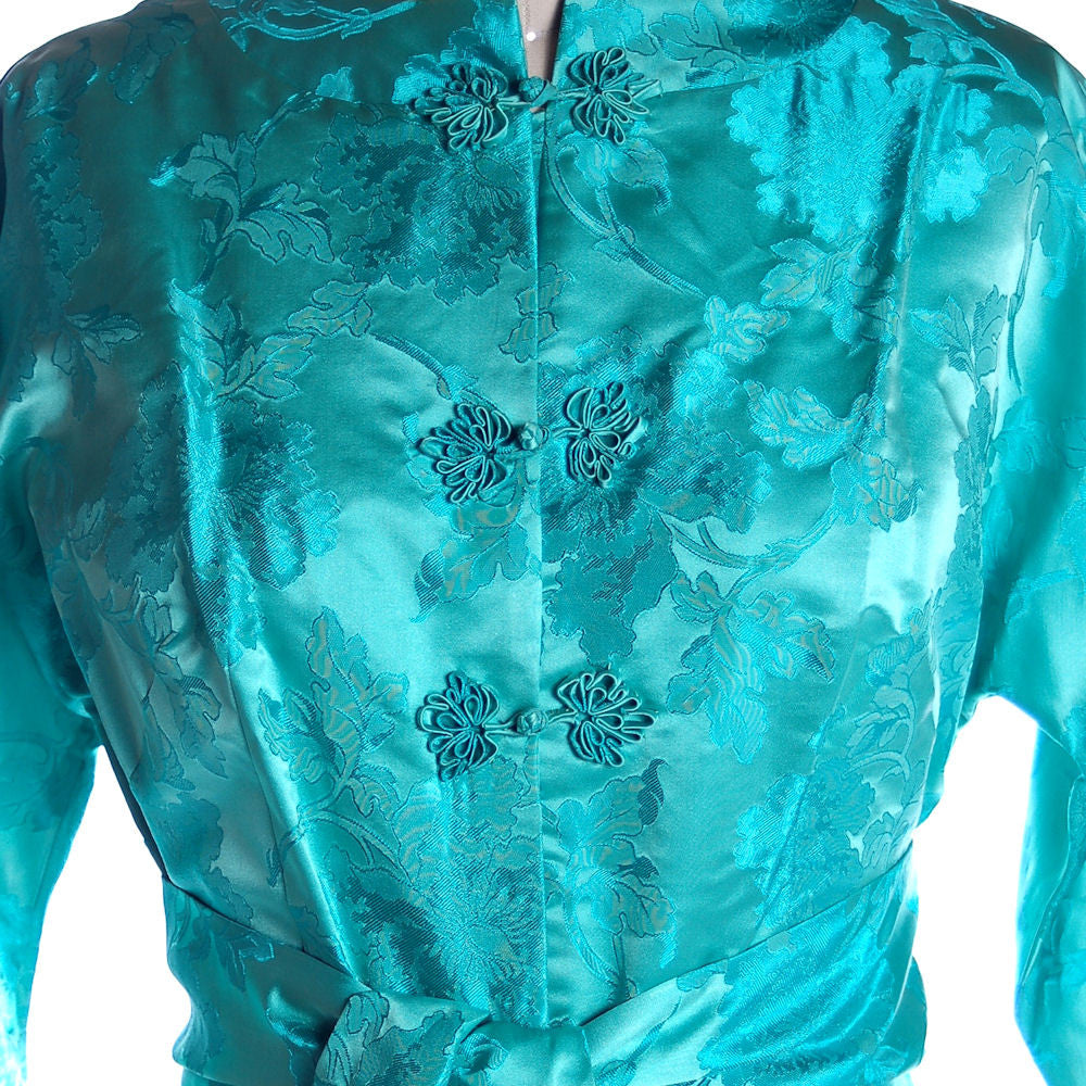 Vintage Deep Turquoise Dynasty Silk Damask Lounge Robe 1960S 42-31-46 Cart2cart The Best Vintage Clothing