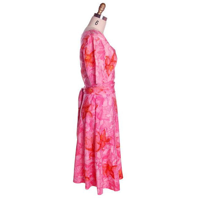Vintage Hot Pink Printed Dress & Matching Hat 1950s 37-30-42 Cart2cart The Best Vintage Clothing