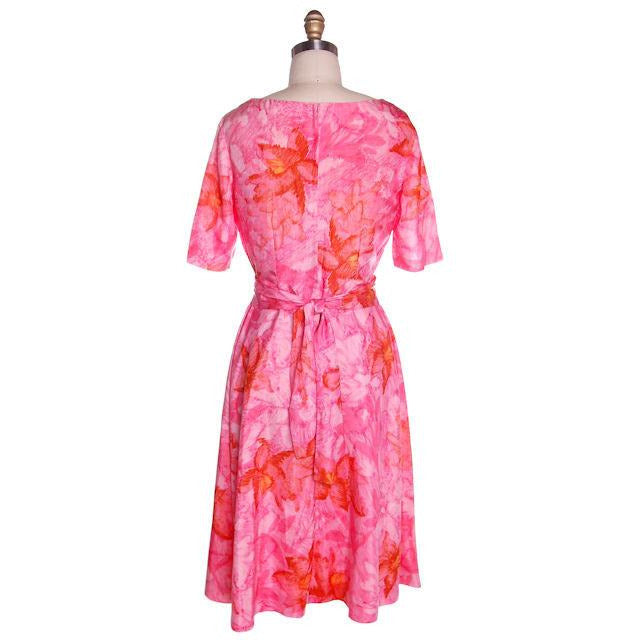 Vintage Hot Pink Printed Dress & Matching Hat 1950s 37-30-42 Cart2cart The Best Vintage Clothing