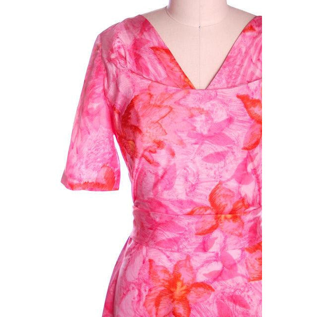 Vintage Hot Pink Printed Dress & Matching Hat 1950s 37-30-42 Cart2cart The Best Vintage Clothing