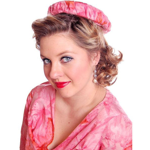 Vintage Hot Pink Printed Dress & Matching Hat 1950s 37-30-42 Cart2cart The Best Vintage Clothing