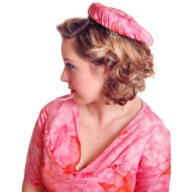 Vintage Hot Pink Printed Dress & Matching Hat 1950s 37-30-42 Cart2cart The Best Vintage Clothing
