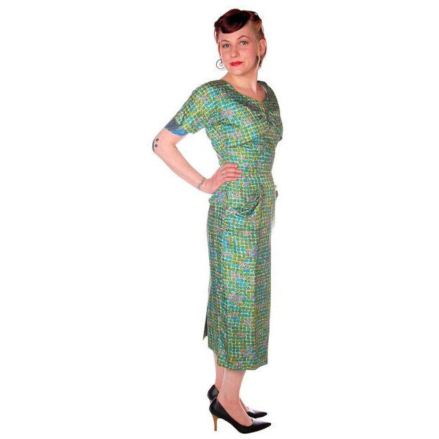 Vintage Silk Sheath Dress 1950s Turquoise Pastels Emile 34-25-37 Women's Emile