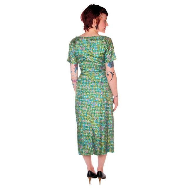 Vintage Silk Sheath Dress 1950s Turquoise Pastels Emile 34-25-37 Women's Emile