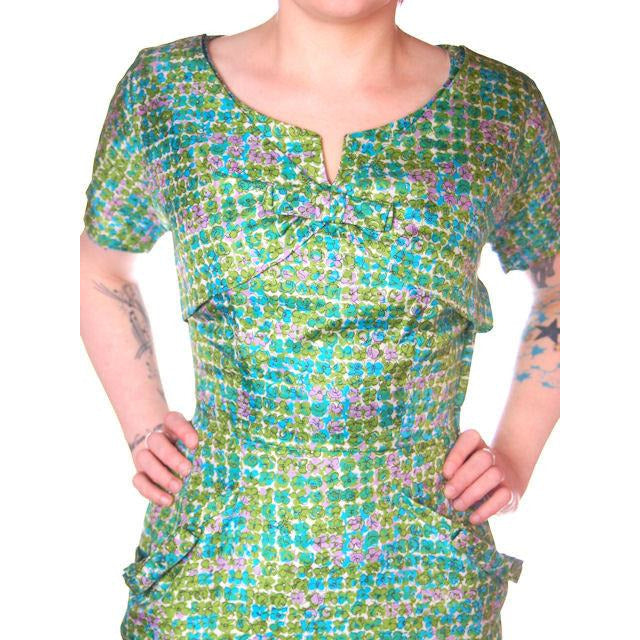 Vintage Silk Sheath Dress 1950s Turquoise Pastels Emile 34-25-37 Women's Emile