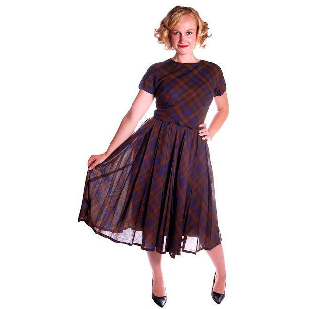 Vintage Blue/Brown Plaid Dress & Jacket Jane Derby 1950s 36-28-Free Cart2cart The Best Vintage Clothing