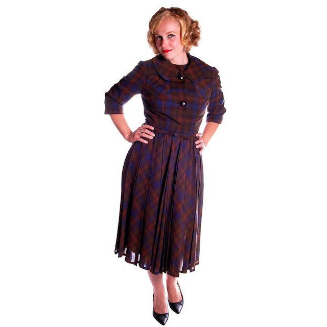 Vintage Blue/Brown Plaid Dress & Jacket Jane Derby 1950s 36-28-Free Cart2cart The Best Vintage Clothing