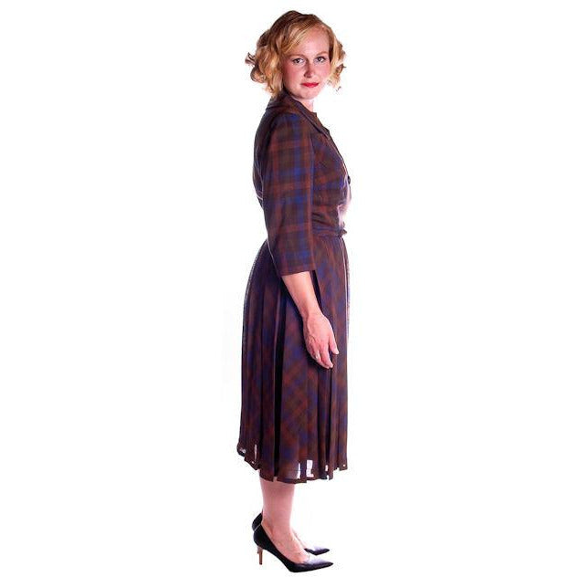 Vintage Blue/Brown Plaid Dress & Jacket Jane Derby 1950s 36-28-Free Cart2cart The Best Vintage Clothing