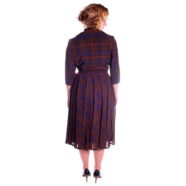 Vintage Blue/Brown Plaid Dress & Jacket Jane Derby 1950s 36-28-Free Cart2cart The Best Vintage Clothing