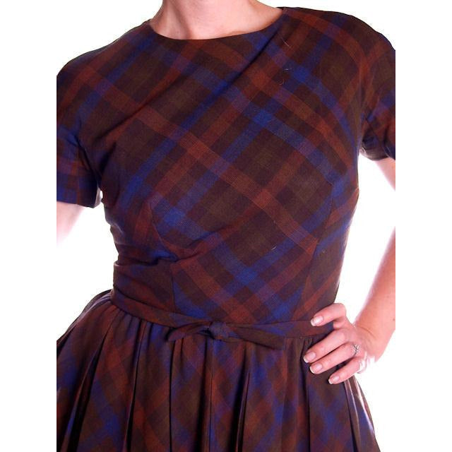 Vintage Blue/Brown Plaid Dress & Jacket Jane Derby 1950s 36-28-Free Cart2cart The Best Vintage Clothing