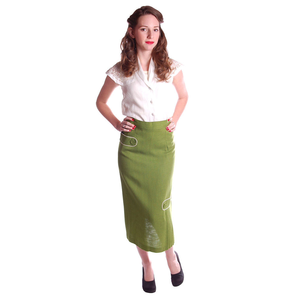 Vintage Pencil Skirt Apple Green Linen Fab Details 1950S 26 Waist Cart2cart The Best Vintage Clothing