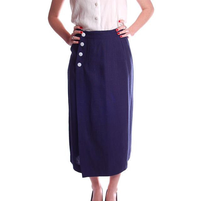 Vintage Pencil Skirt Navy Blue Linen Asymmetrical Buttons 1950 NOS 25" Waist Cart2cart The Best Vintage Clothing