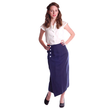 Vintage Pencil Skirt Navy Blue Linen  Asymmetrical Buttons 1950 NOS 25" Waist - The Best Vintage Clothing
 - 1