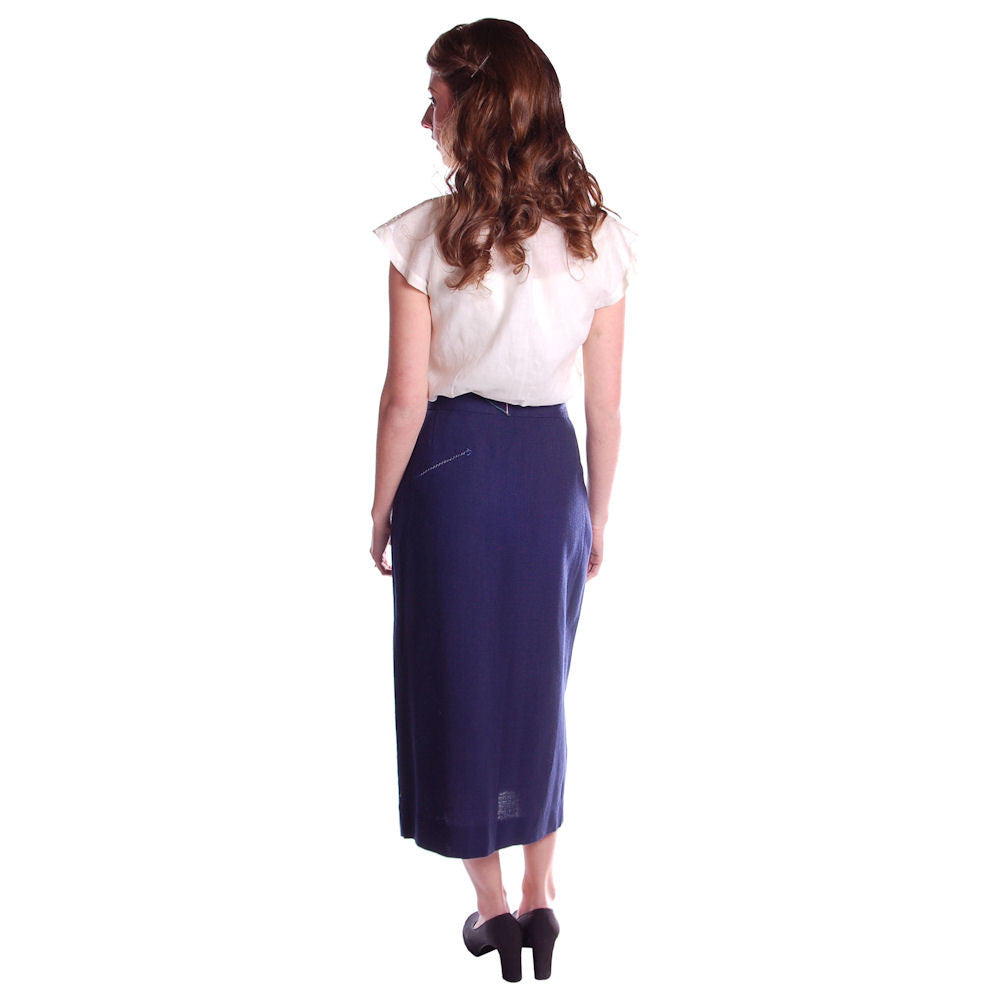 Vintage Pencil Skirt Navy Blue Linen Asymmetrical Buttons 1950 NOS 25" Waist Cart2cart The Best Vintage Clothing
