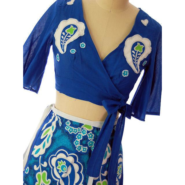 Vintage 2 PC Summer Skirt & Midriff Top 1970s Blues S-M Women's,New Arrivals The Best Vintage Clothing