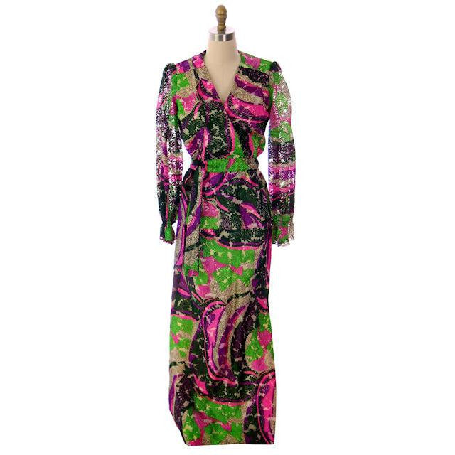 Vintage 2 PC Burnout Maxi Dress & Jacket 1970s Bright Colors Women's,New Arrivals The Best Vintage Clothing