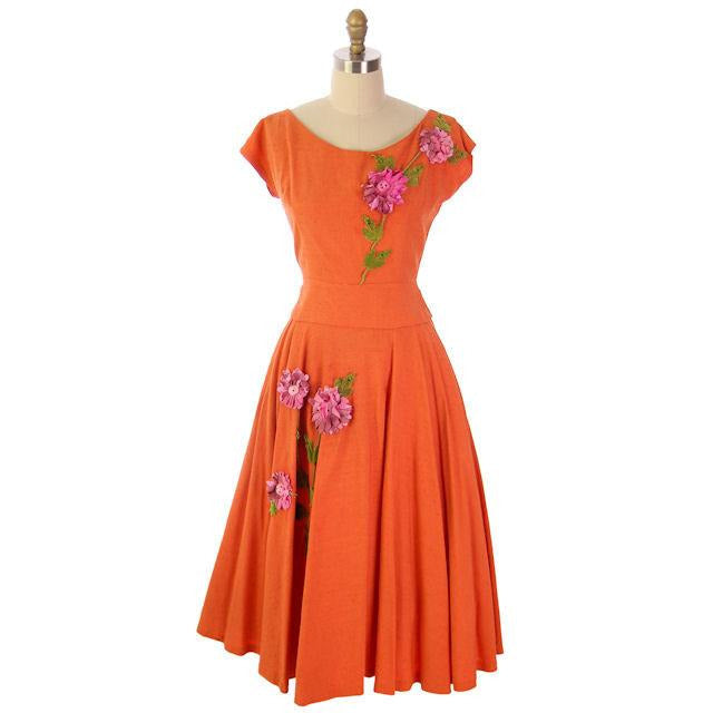 Vintage Orange  Nubby Rayon  2 PC Dress Circle Skirt Appliques Late 1940s - The Best Vintage Clothing
 - 1