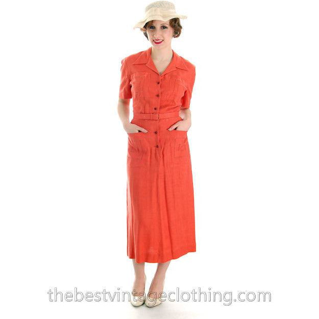 Slim Vintage Linen Pencil Dress 1940s Papaya L'Aiglon Small Guernsey Pie Women's,New Arrivals The Best Vintage Clothing