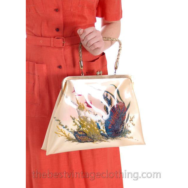 Vintage Hand Bag Whimsical Reverse Painted Seahorse Plastic Purse