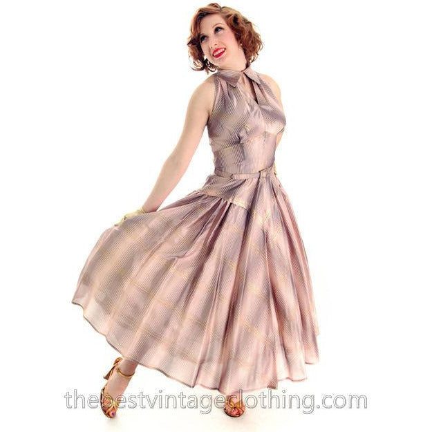 Vintage Halter Party Gown Pink Gold Metallic Silk Circle Skirt 1950s 34-26-Free Women's,New Arrivals The Best Vintage Clothing