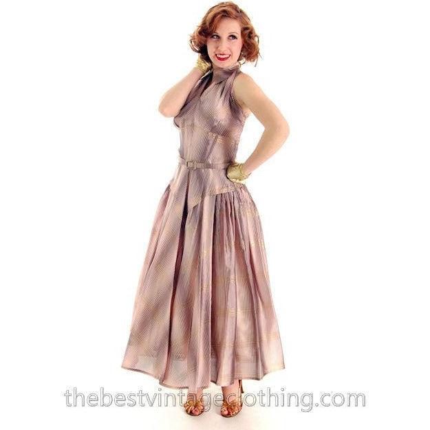 Vintage Halter Party Gown Pink Gold Metallic Silk Circle Skirt 1950s 34-26-Free Women's,New Arrivals The Best Vintage Clothing