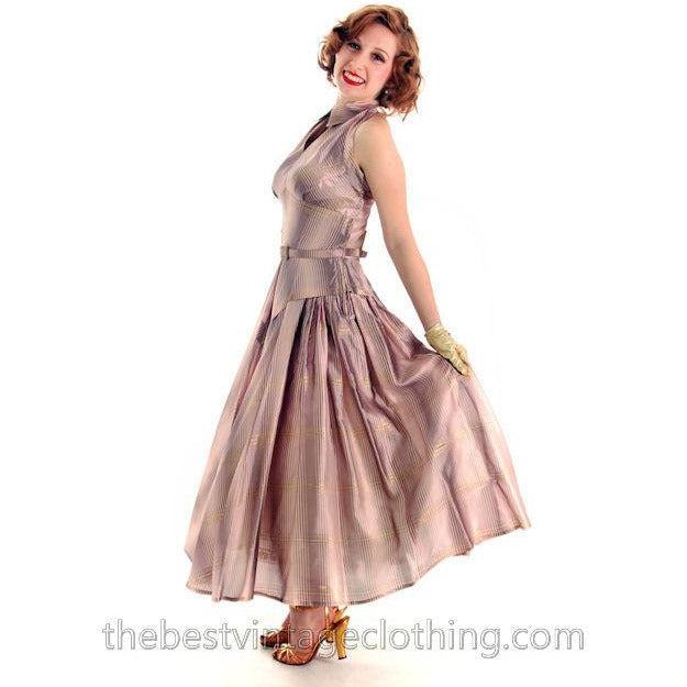 Vintage Halter Party Gown Pink Gold Metallic Silk Circle Skirt 1950s 34-26-Free Women's,New Arrivals The Best Vintage Clothing