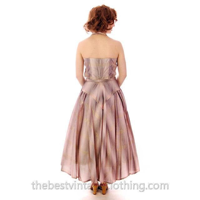 Vintage Halter Party Gown Pink Gold Metallic Silk Circle Skirt 1950s 34-26-Free Women's,New Arrivals The Best Vintage Clothing