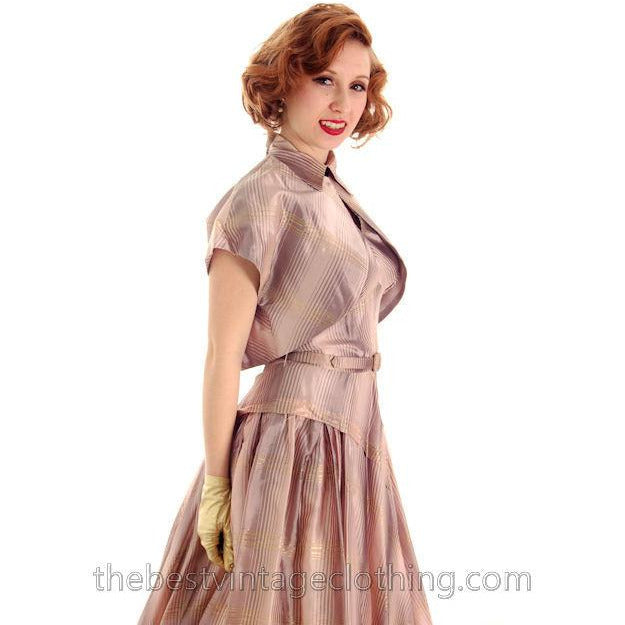 Vintage Halter Party Gown Pink Gold Metallic Silk Circle Skirt 1950s 34-26-Free Women's,New Arrivals The Best Vintage Clothing