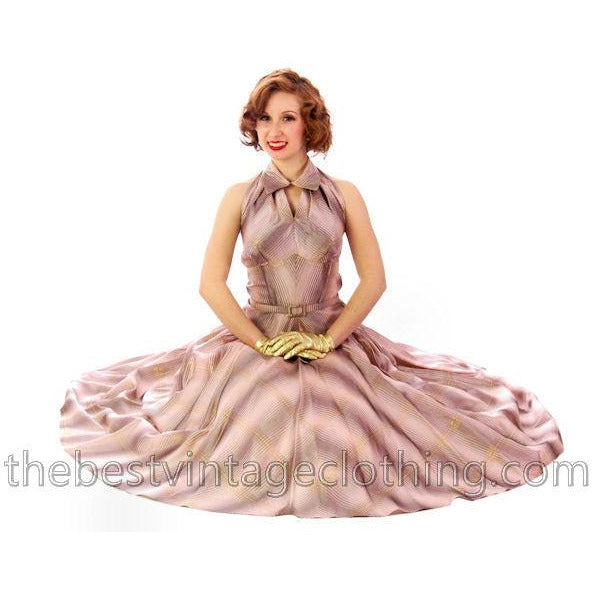 Vintage Halter Party Gown Pink Gold Metallic Silk Circle Skirt 1950s 34-26-Free Women's,New Arrivals The Best Vintage Clothing