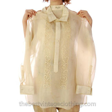 Vintage Mens Manila Shirt 1920s Embroidered Silk Organdy Aurelias 40 - The Best Vintage Clothing
 - 1