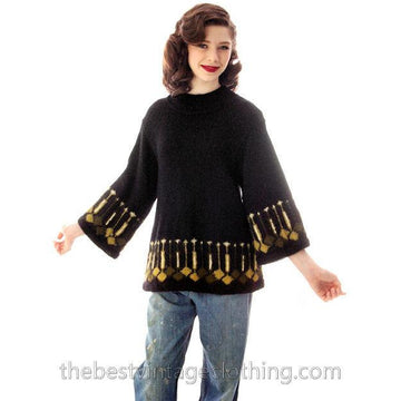 Vintage Sweater 1960s Border Print Green / Black Wool Sz 34 Bust - The Best Vintage Clothing
 - 1