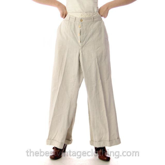 Mens Vintage Side Buckle Button Fly Pants 1930s Gray/White Pinstripe Cotton 36/27 Men's Vintage,New Arrivals The Best Vintage Clothing