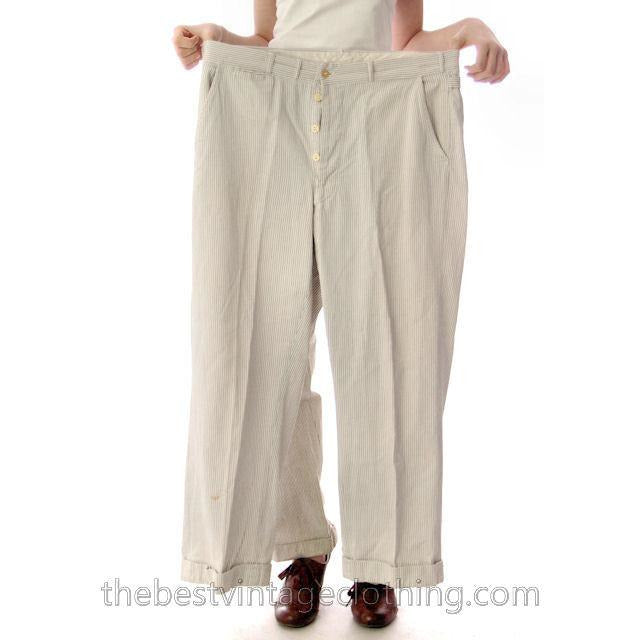 Mens Vintage Side Buckle Button Fly Pants 1930s Gray/White Pinstripe Cotton 36/27 Men's Vintage,New Arrivals The Best Vintage Clothing