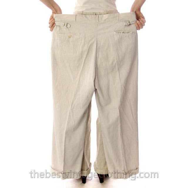 Mens Vintage Side Buckle Button Fly Pants 1930s Gray/White Pinstripe Cotton 36/27 Men's Vintage,New Arrivals The Best Vintage Clothing