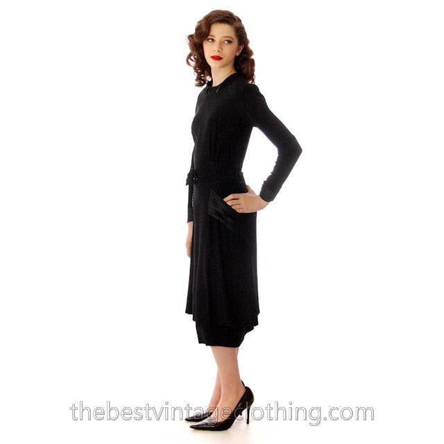 Vintage Late 1930s Rayon Knit Dress Black Pocket Details 36 Bust Women's,New Arrivals The Best Vintage Clothing