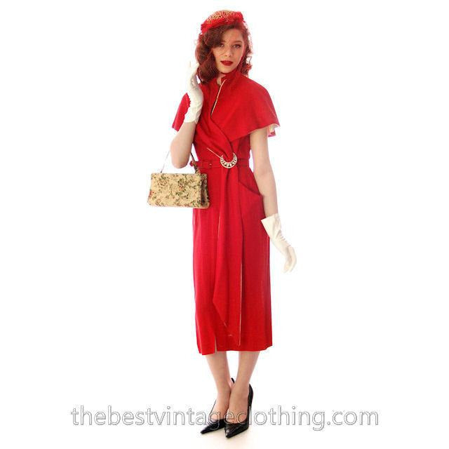 Vintage Sheath Cocktail Dress 1950s Red Linen Unique Cape Late 1940s 33-25-36 - The Best Vintage Clothing
 - 1