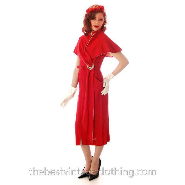 Vintage Sheath Cocktail Dress 1950s Red Linen Unique Cape Late 1940s 33-25-36 Women's,New Arrivals vendor-unknown