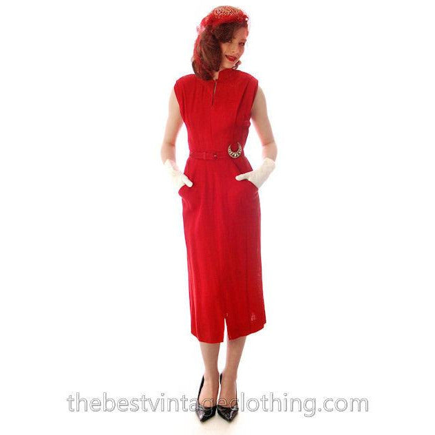 Vintage Sheath Cocktail Dress 1950s Red Linen Unique Cape Late 1940s 33-25-36 Women's,New Arrivals vendor-unknown