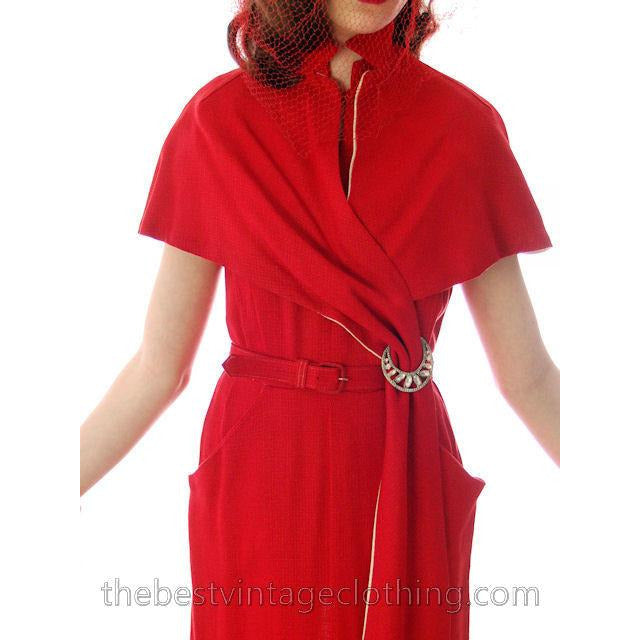 Vintage Sheath Cocktail Dress 1950s Red Linen Unique Cape Late 1940s 33-25-36 Women's,New Arrivals vendor-unknown