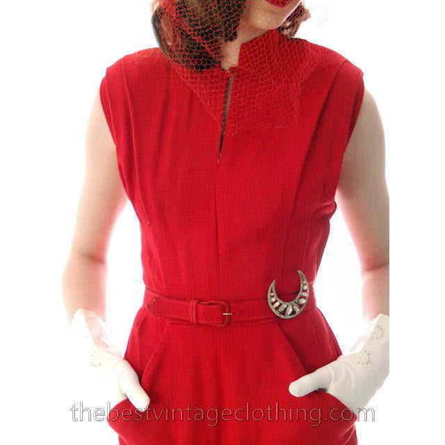 Vintage Sheath Cocktail Dress 1950s Red Linen Unique Cape Late 1940s 33-25-36 Women's,New Arrivals vendor-unknown