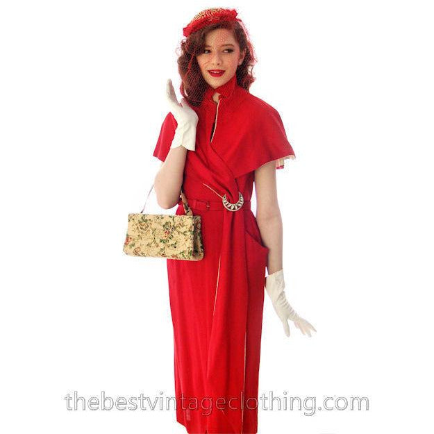 Vintage Sheath Cocktail Dress 1950s Red Linen Unique Cape Late 1940s 33-25-36 Women's,New Arrivals vendor-unknown