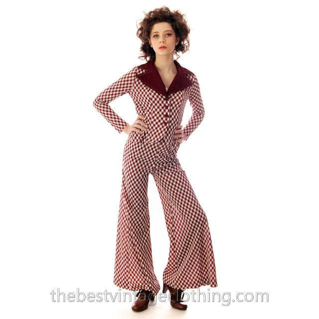 Vintage 1970s Pant Suit Maroon Plaid Super Fly Small Patricia Fair Women's,New Arrivals The Best Vintage Clothing