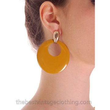 Vintage 1980s Mustard Enamel Wood Earrings Hoops Pierced Accessories No Label