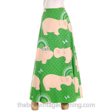 Vintage Maxi Wrap Skirt 1970s Green Fantasy Kissing Hippopotamus Print L Women's,New Arrivals Katasha's Unusuals