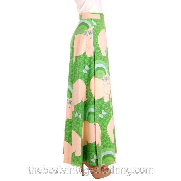 Vintage Maxi Wrap Skirt 1970s Green Fantasy Kissing Hippopotamus Print L Women's,New Arrivals Katasha's Unusuals