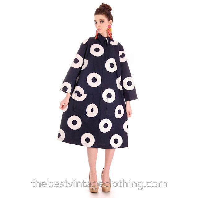 Vintage 1970s Vuokko Designer Black And White Circles Print A Line Dress Cotton 44 Large marimekko Vuokko